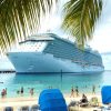 A white passenger cruise ship is anchored at a tropical beach with a palm tree framing the view of the ship people walking on the beach