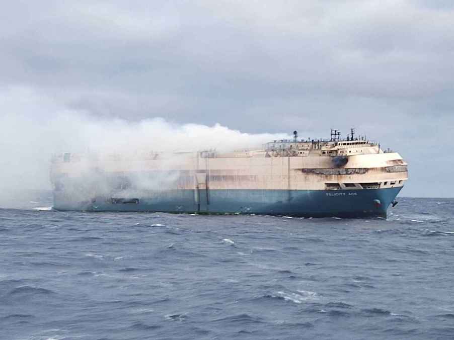 The Felicity Ace cargo ship on fire in the Atlantic Ocean