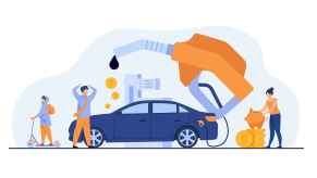 An illustration of people around a blue car with a large dripping fuel pump hovering above all