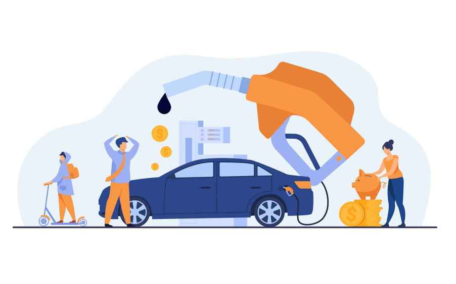 An illustration of people around a blue car with a large dripping fuel pump hovering above all