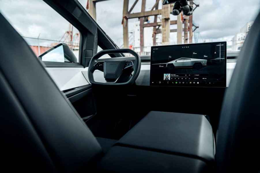 Tesla Cybertruck front interior view from the back passenger area