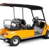 An orange golf cart parked at right rear side angle with white background