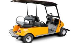 An orange golf cart parked at right rear side angle with white background