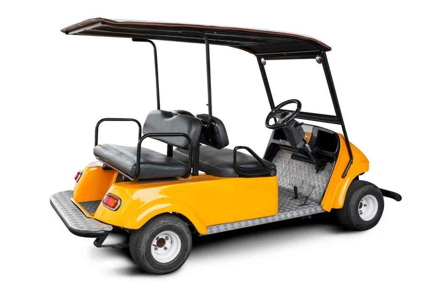 An orange golf cart parked at right rear side angle with white background