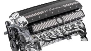 V-16 concept car engine by Cadillac, on a white background.