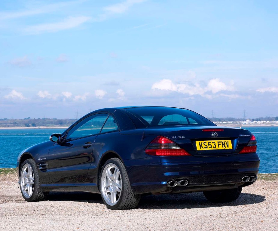 Classic Mercedes-Benz SL-Class convertible coupe with its top up.