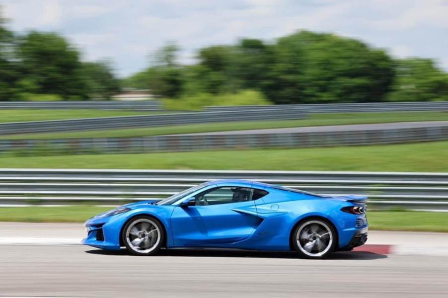 MotorBiscuit writer and reviewer Erik Sherman drives a Chevrolet Corvette E-Ray on the NCM Motorsports Park track.