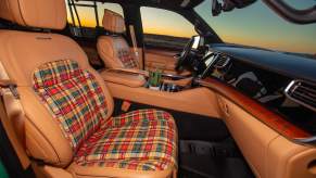 The red white and blue interior of the Grand Wagoneer Vactionaer concept suv.