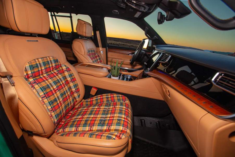 The red white and blue interior of the Grand Wagoneer Vactionaer concept suv.