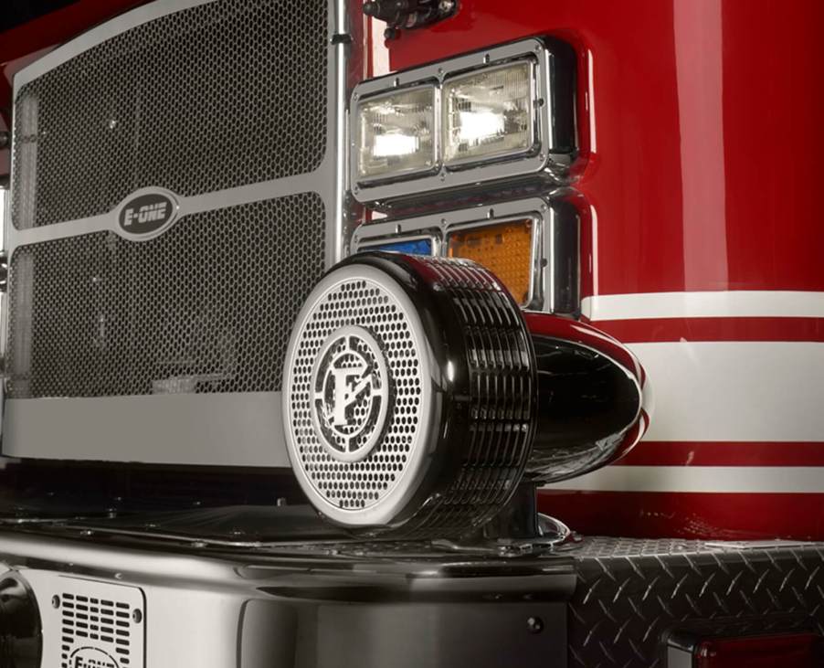 A fire truck shows off its Q-Siren and large bumper.