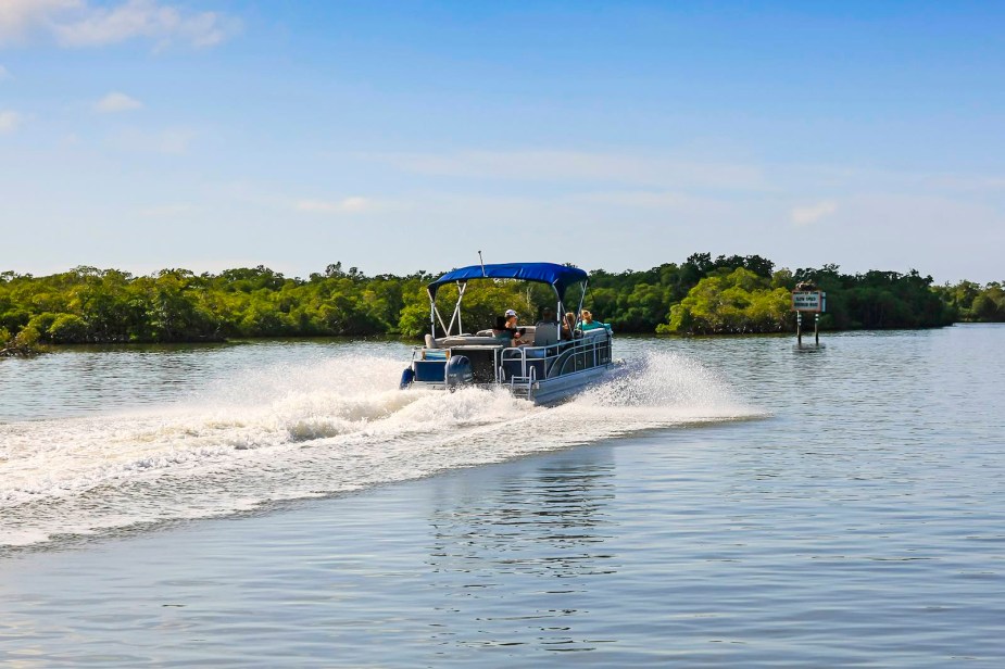 Pontoon boat on a river