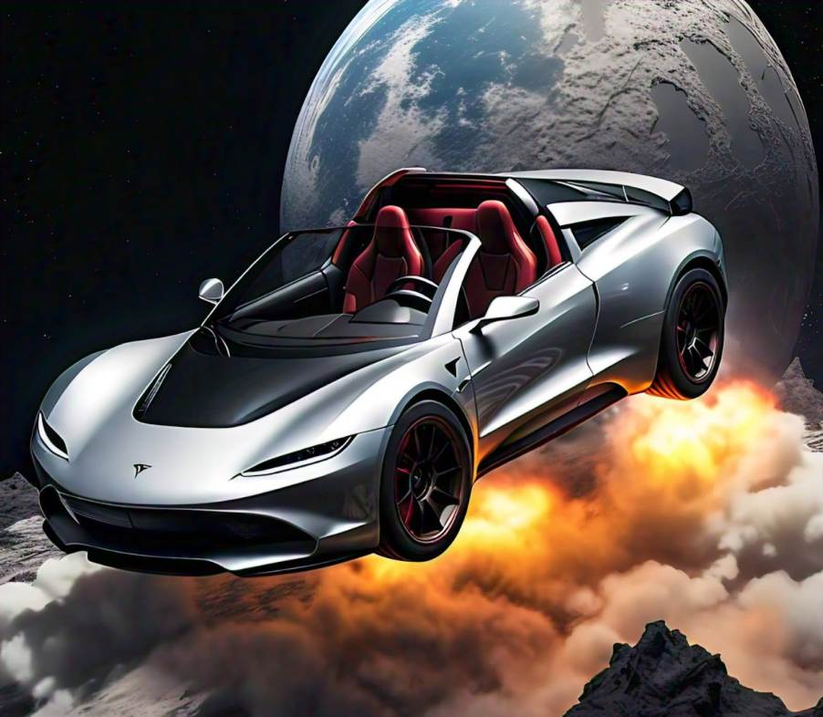 Silver Tesla Roadster uses SpaceX boosters to fly past the moon, the earth visible in the background.