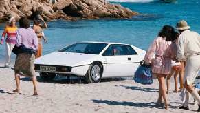 A white Lotus Esprit S1 from the James Bond movie 'The Spy Who Loved Me' shows off its best car and submarine act.