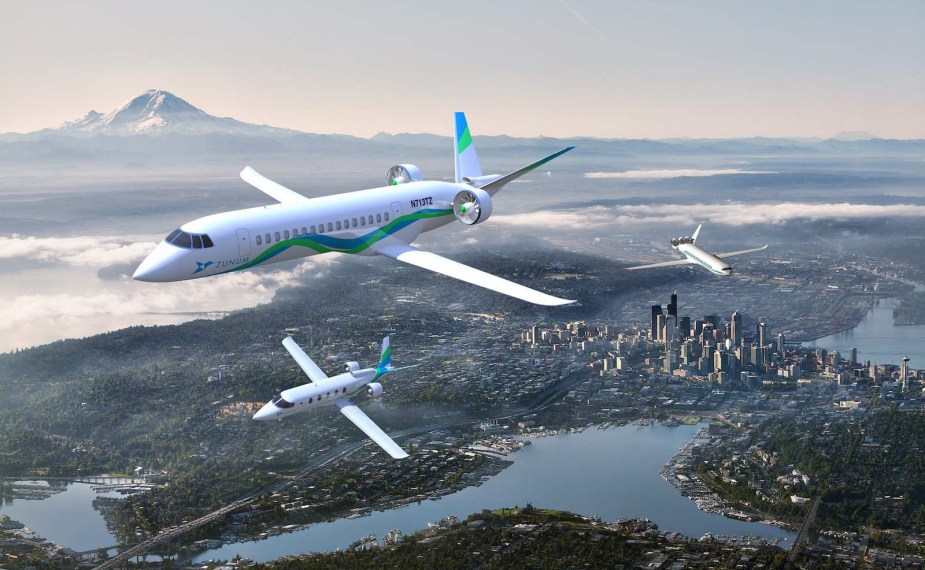 Three airplane renderings flying through the sky