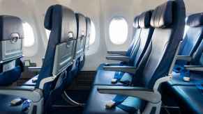 Rows of blue airplane seats shown in profile view facing left frame most airlines make "larger" passengers book a flight by paying for two seats