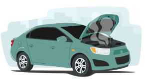 Illustration of a green sedan with hood open overheating