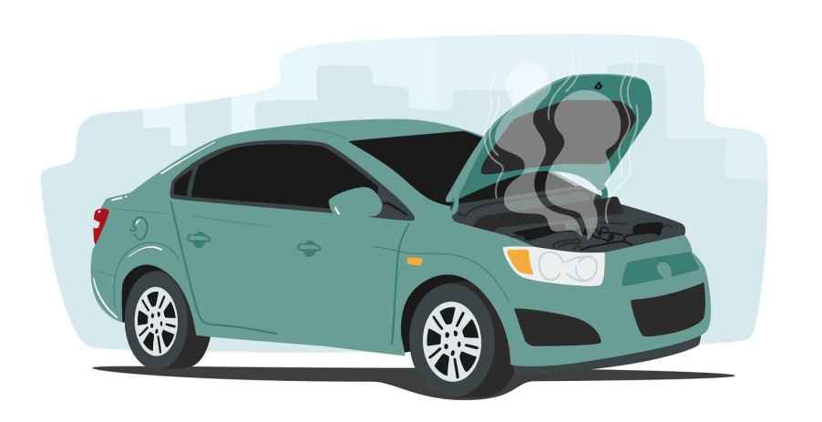 Illustration of a green sedan with hood open overheating