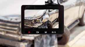 Dash cam recording a car crash wrecked vehicle