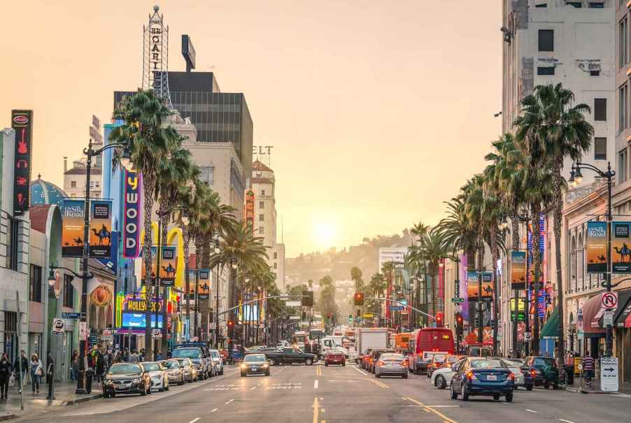 Hollywood Blvd in Los Angeles, California, USA, at sunset LA is one of the most stressful cities to drive a car in the world