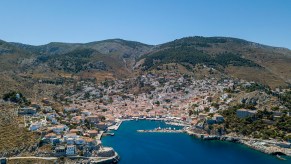 Aerial view of Hydra, a Greek Island that suffered a massive wildfire sparked by a super yacht firework show