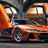 Render of an orange mid-engine BMW supercar with scissor doors based on the M1