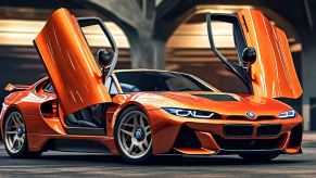 Render of an orange mid-engine BMW supercar with scissor doors based on the M1