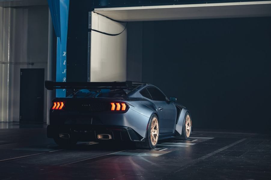 A Ford Mustang GTD supercar in partial shadows.