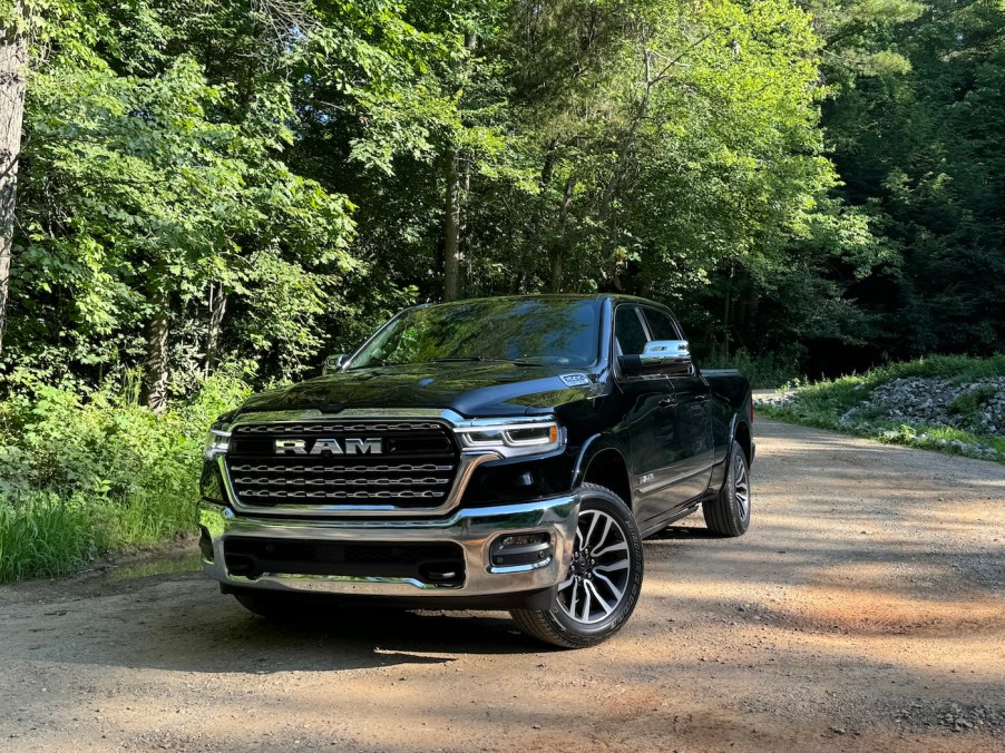 The 2025 Ram 1500 H.O off-roading in the woods