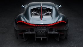 The rear end, engine, and exhaust tailpipes of a Bugatti Tourbillon