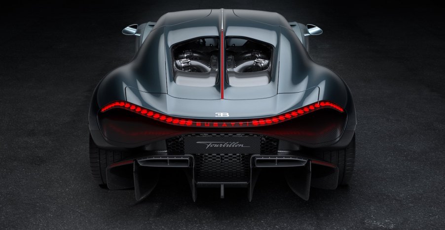 The rear end, engine, and exhaust tailpipes of a Bugatti Tourbillon