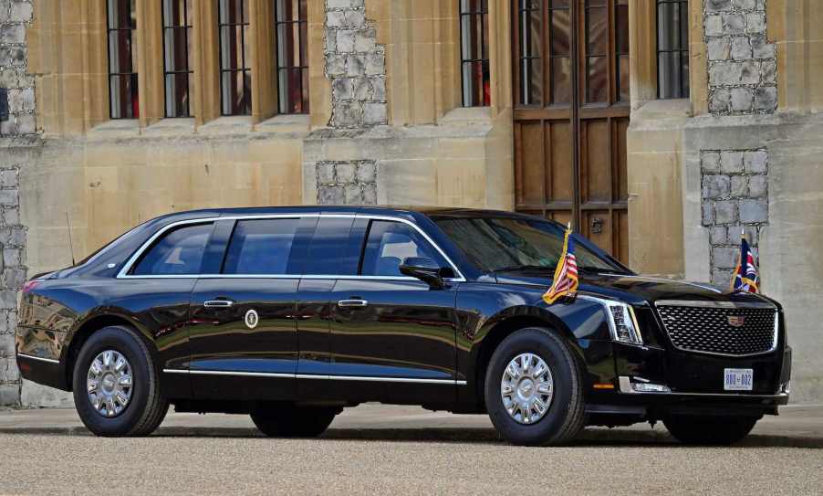 The President's 'Cadillac One' or Beast parked outside Windsor Castle in England during Biden's visit to the Queen