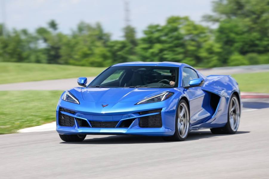 A blue Chevrolet Corvette E-Ray shows off its bright sports car color.