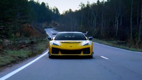 A yellow Corvette ZR1 C8 from the front.