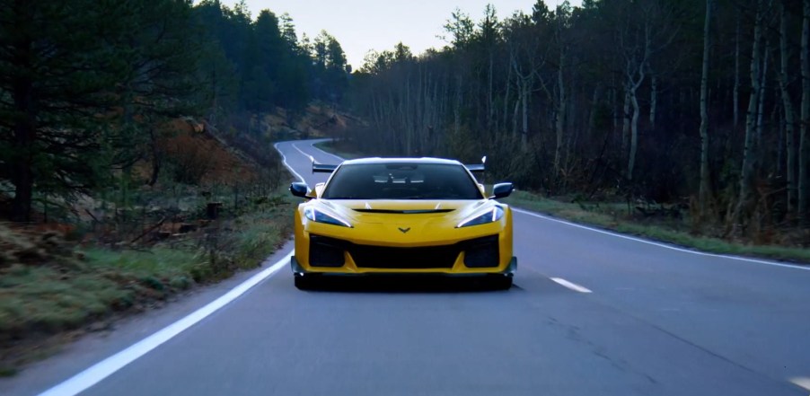 A yellow Corvette ZR1 C8 from the front.