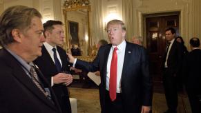 Donald Trump greets Elon Musk in the white house, placing a hand on the Tesla CEO's shoulder, while advisor Steve Bannon looks on.