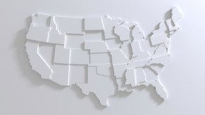 Outline of a map of all the states in the USA on a white background.