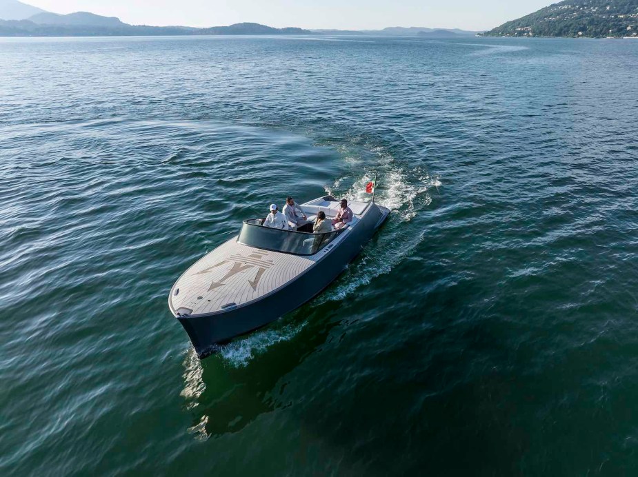 Maserati Tridente electric yacht on the open ocean.