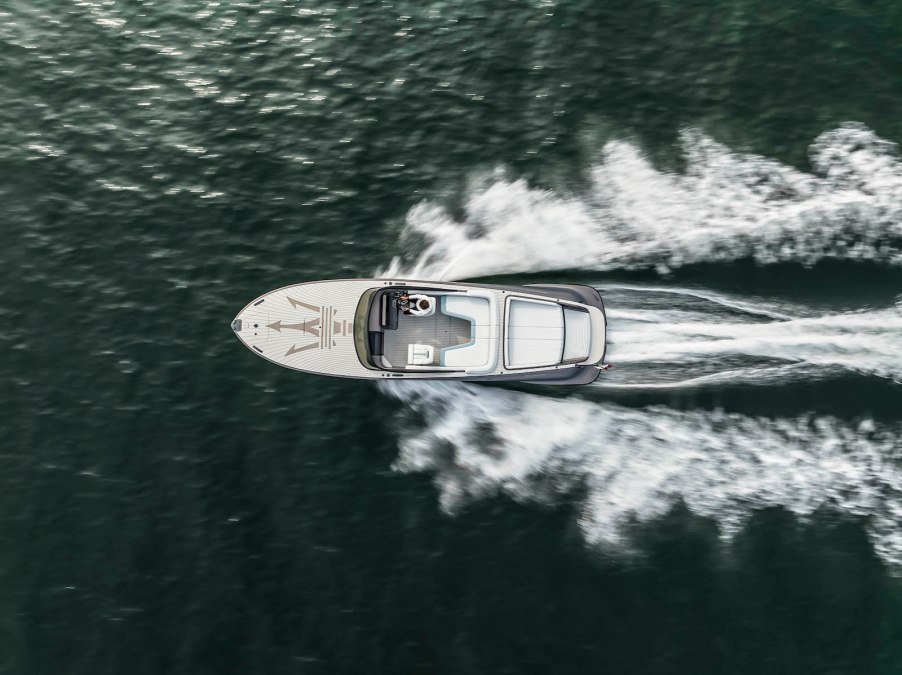 Overhead view of a Maserati yacht in the ocean.