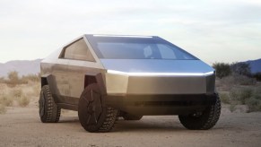 The Tesla Cybertruck parked in the desert