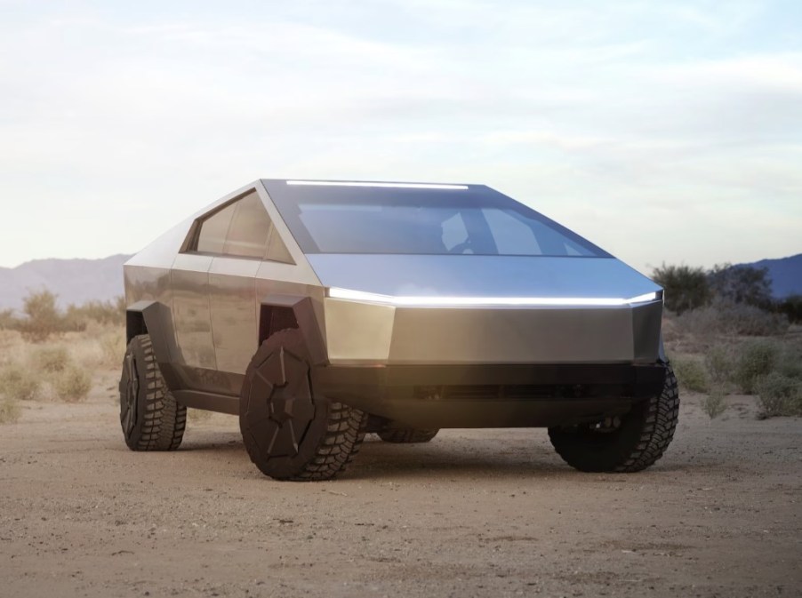 The Tesla Cybertruck parked in the desert