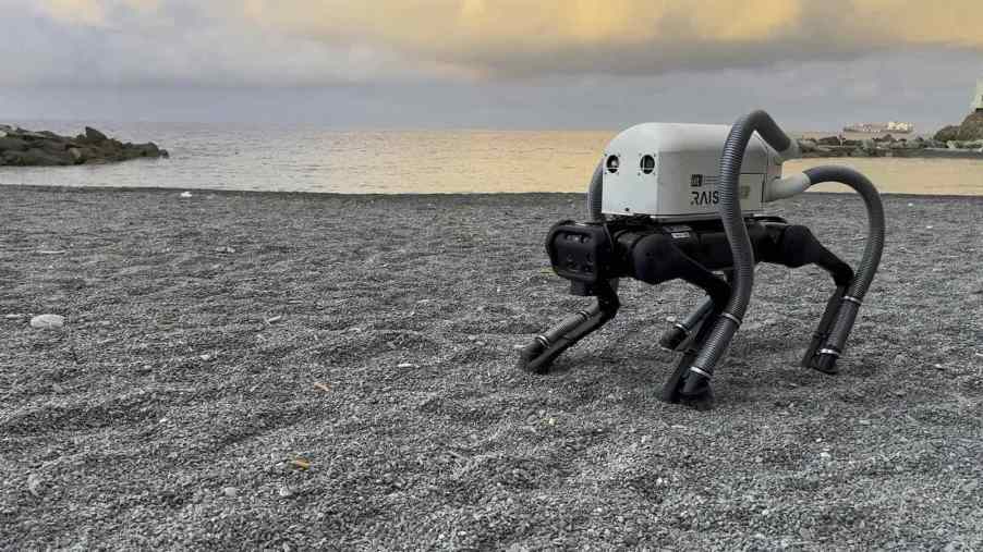 VERO, the vacuum cleaner equipped robot picks up cigarette butts on a beach.