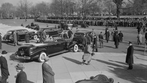 President Franklin D. Roosevelt leaves the Capital in a Secret Service motorcade on December 8, 1941.