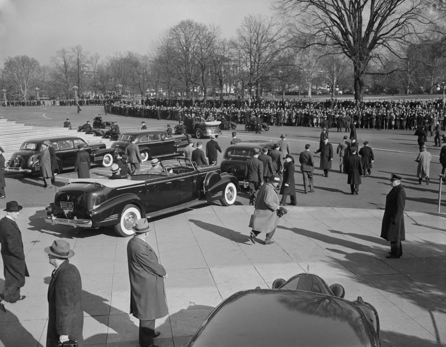 President Franklin D. Roosevelt leaves the Capital in a Secret Service motorcade on December 8, 1941.