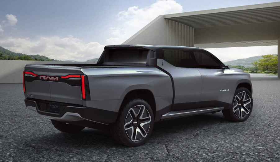 Ram 1500 Revolution BEV concept pickup truck rendering in right side rear angle has third-row seating