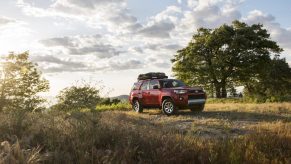 A red 2017 Toyota 4Runner TRD driving off-road in a grassy area at dusk this year model is known as one of the best Toyota 4Runner years