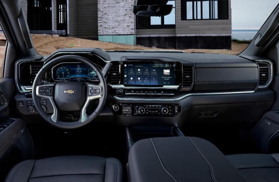 The interior of the 2024 Chevrolet Silverado HD with Google Maps as part of the built-in system.