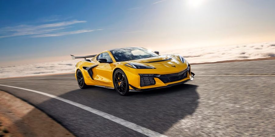 A bright-yellow 2025 Chevrolet Corvette ZR1 on an open road.