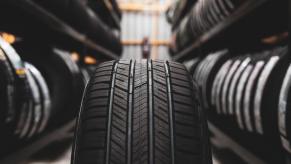 A tire shop shows off its summer tires and all-season tires.