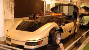 White Dodge concept car in a museum