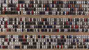 Aerial view of a factory parking lot.